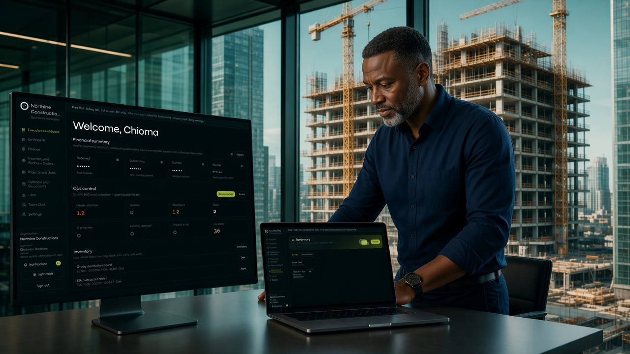 A project engineer in the office, with the GoVerge dashboard and inventory on screen and a skyscraper behind